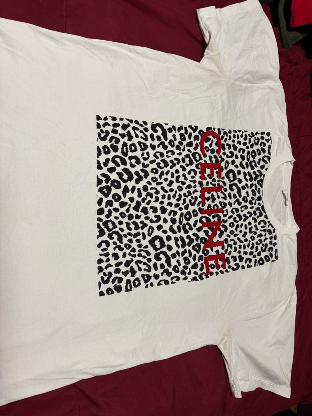 Celine White Short Sleeve Tee with Black Leopard Print and Red Logo
